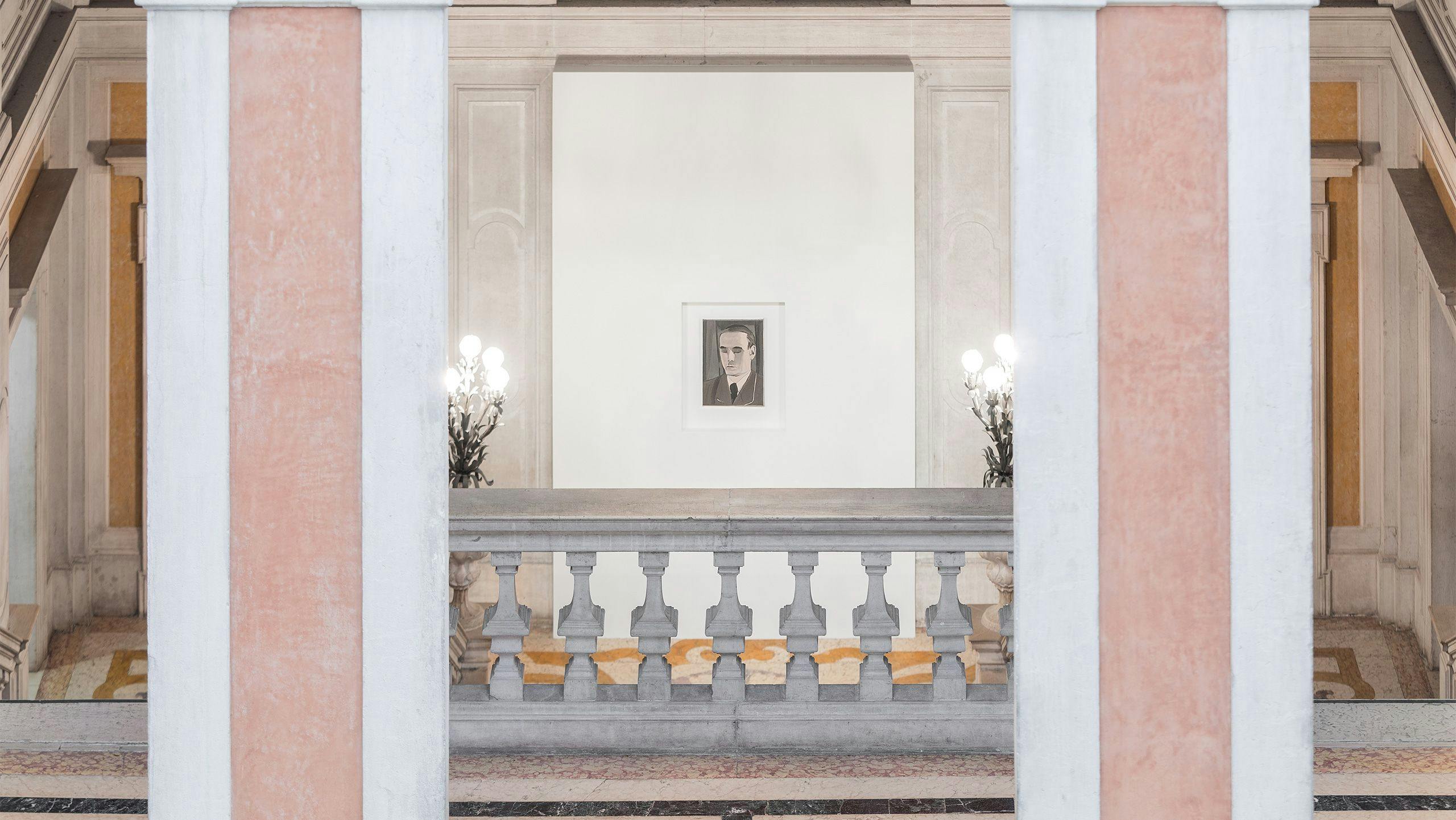 Installation view, Luc Tuymans: La Pelle, Palazzo Grassi, Venice, 2019–2020 Alt text: A painting by Luc Tuymans installed in Venice's Palazzo Grassi